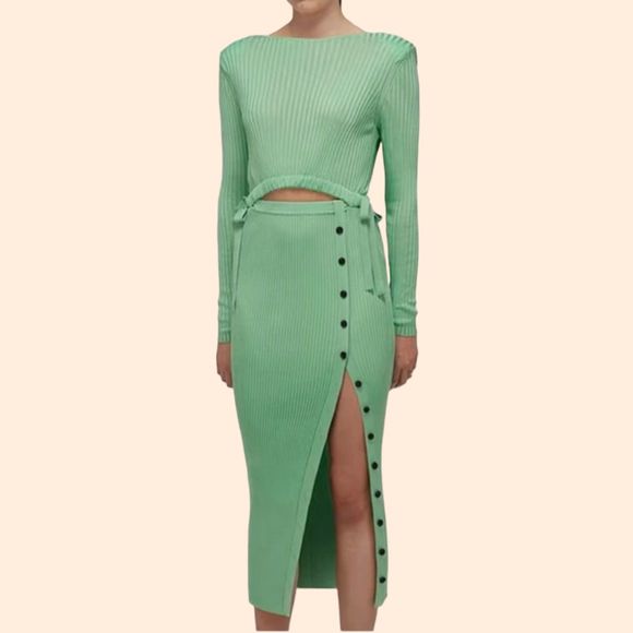 self portrait green knit dress SELF-PORTRAIT One-Shoulder Crochet-Trimmed Ribbed-Knit Midi Dress